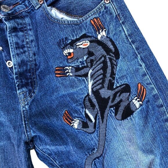 RARE Ed Hardy Embroidered Jeans Size 36 'Panther Claw' Blue - Picture 2 of 8